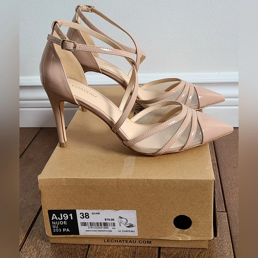 le chateau Nude Patent Pointed-Toe Strappy Ankle Pumps - Picture 5 of 16